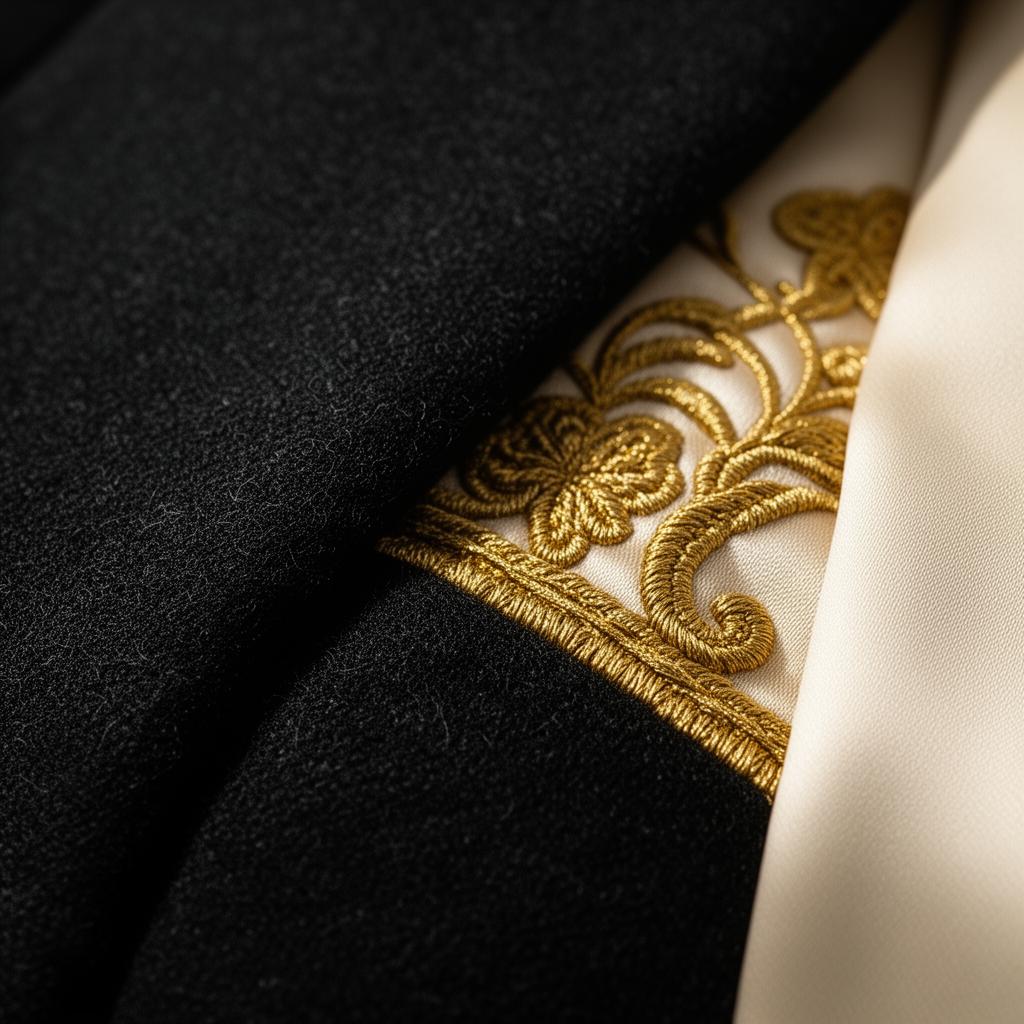 Close detail of black wool with gold embroidery
